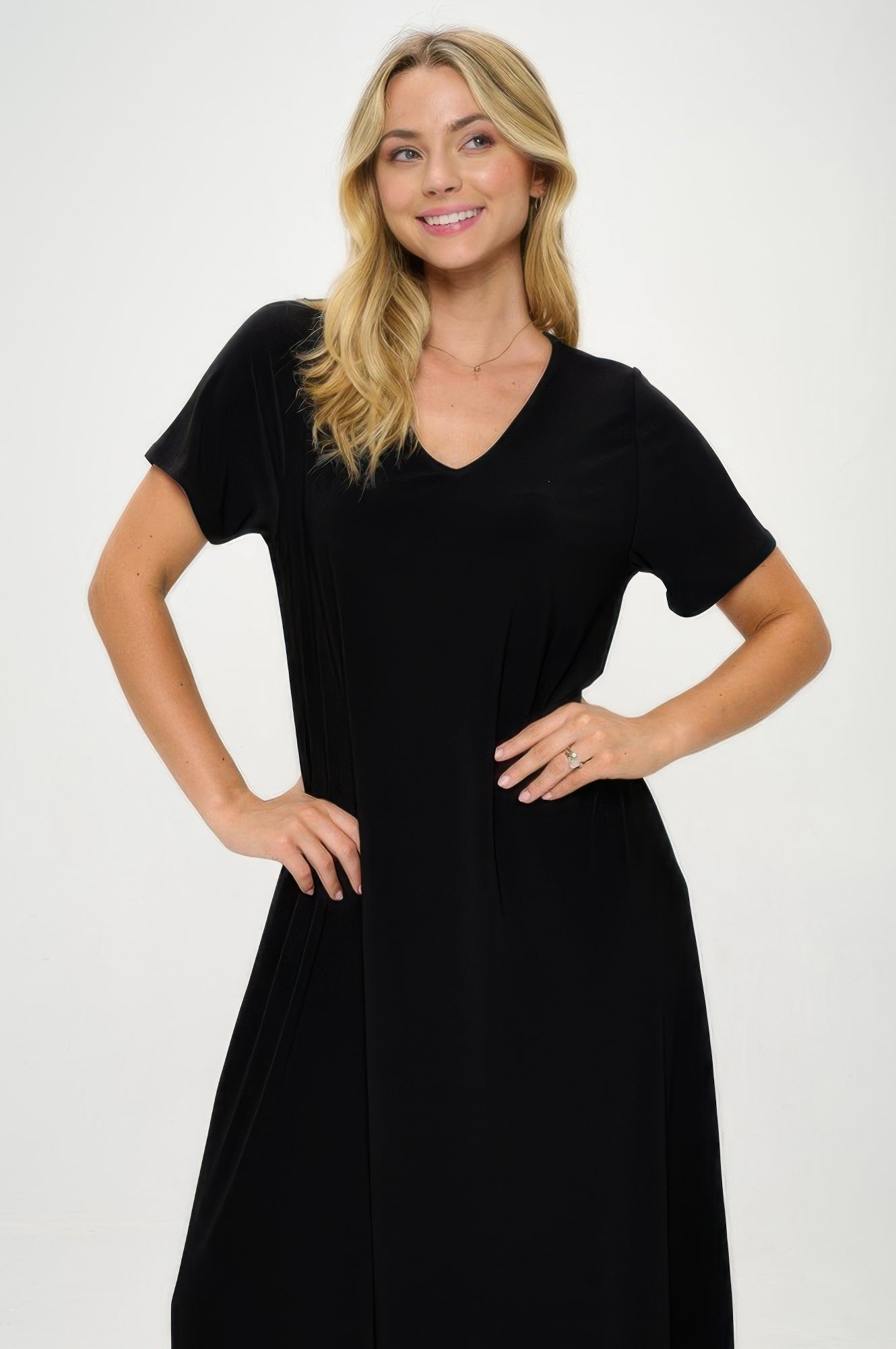 Hit V-neck Long Dress W/pocket