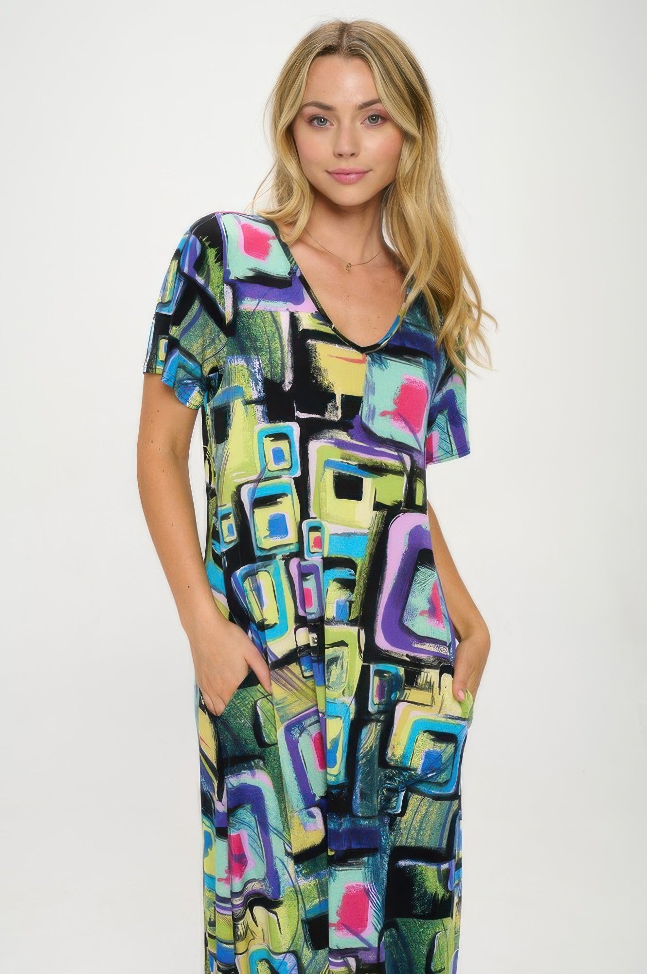 Hit V-neck Long Dress W/pocket
