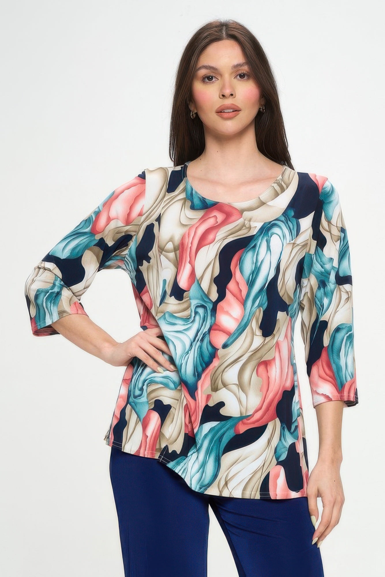 Hit Round Neck 3/4 Sleeve Slit Top