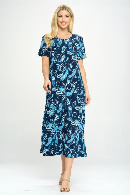 Bns Print Long Dress With Short Sleeve