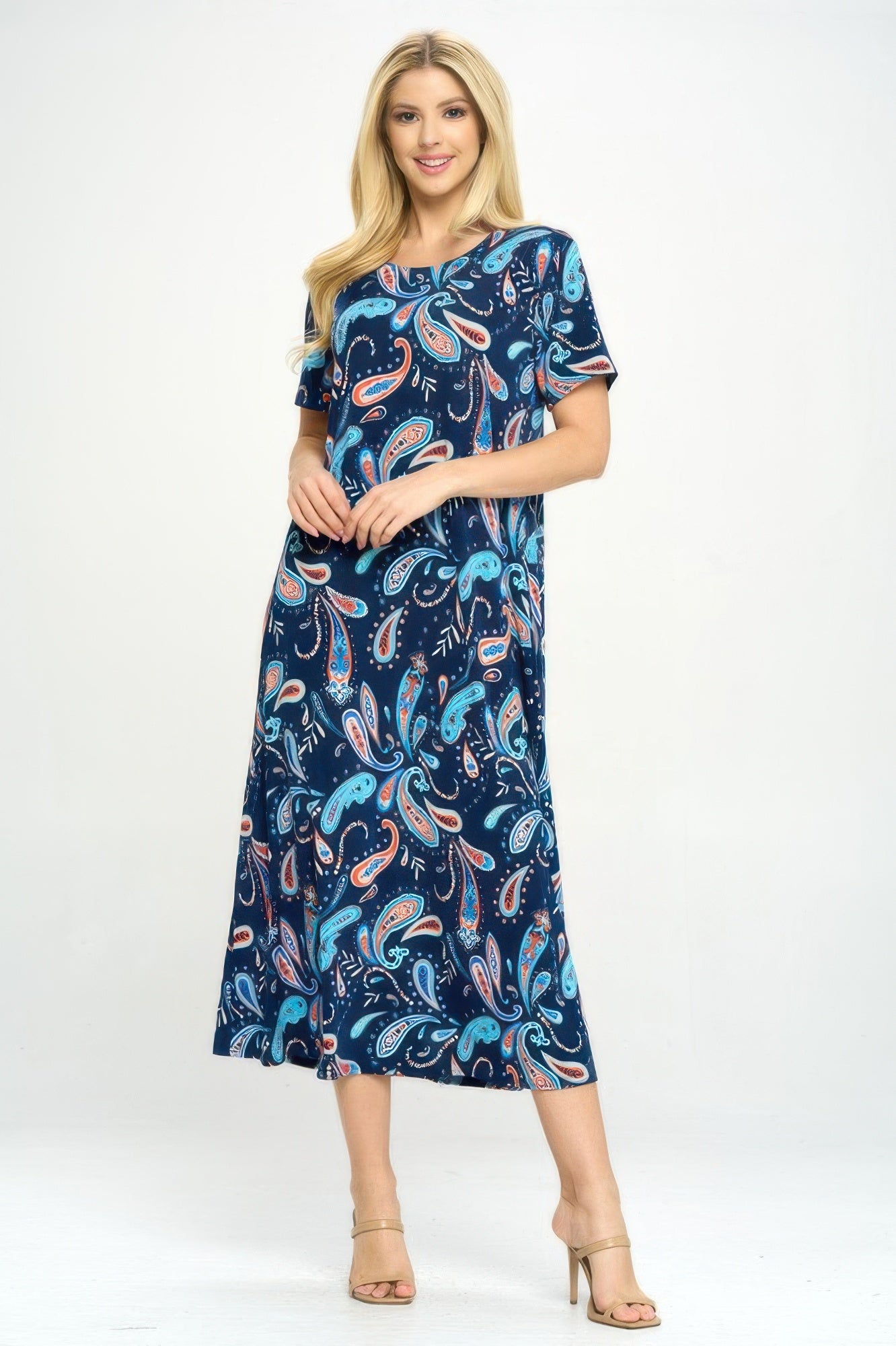Bns Print Long Dress With Short Sleeve