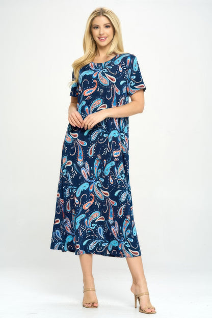 Bns Print Long Dress With Short Sleeve