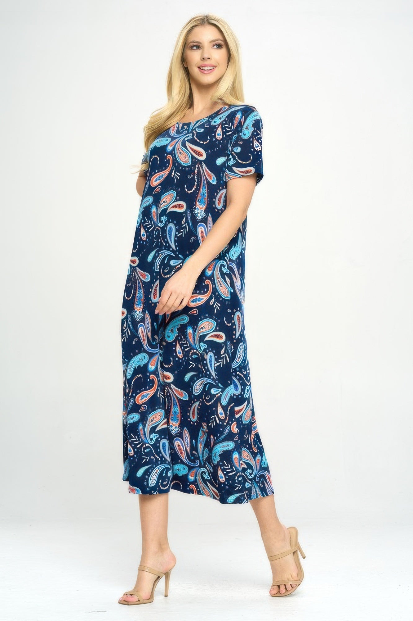 Bns Print Long Dress With Short Sleeve