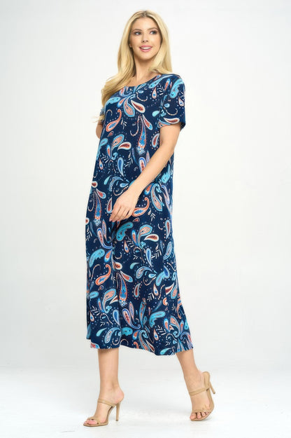 Bns Print Long Dress With Short Sleeve
