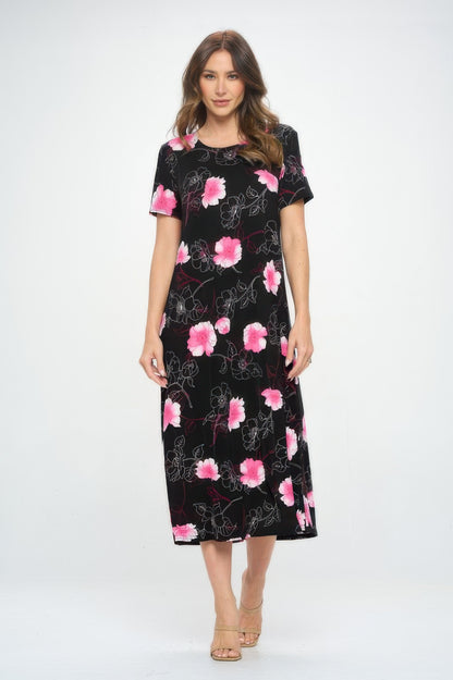 Bns Print Long Dress With Short Sleeve