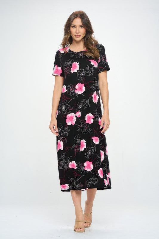 Bns Print Long Dress With Short Sleeve