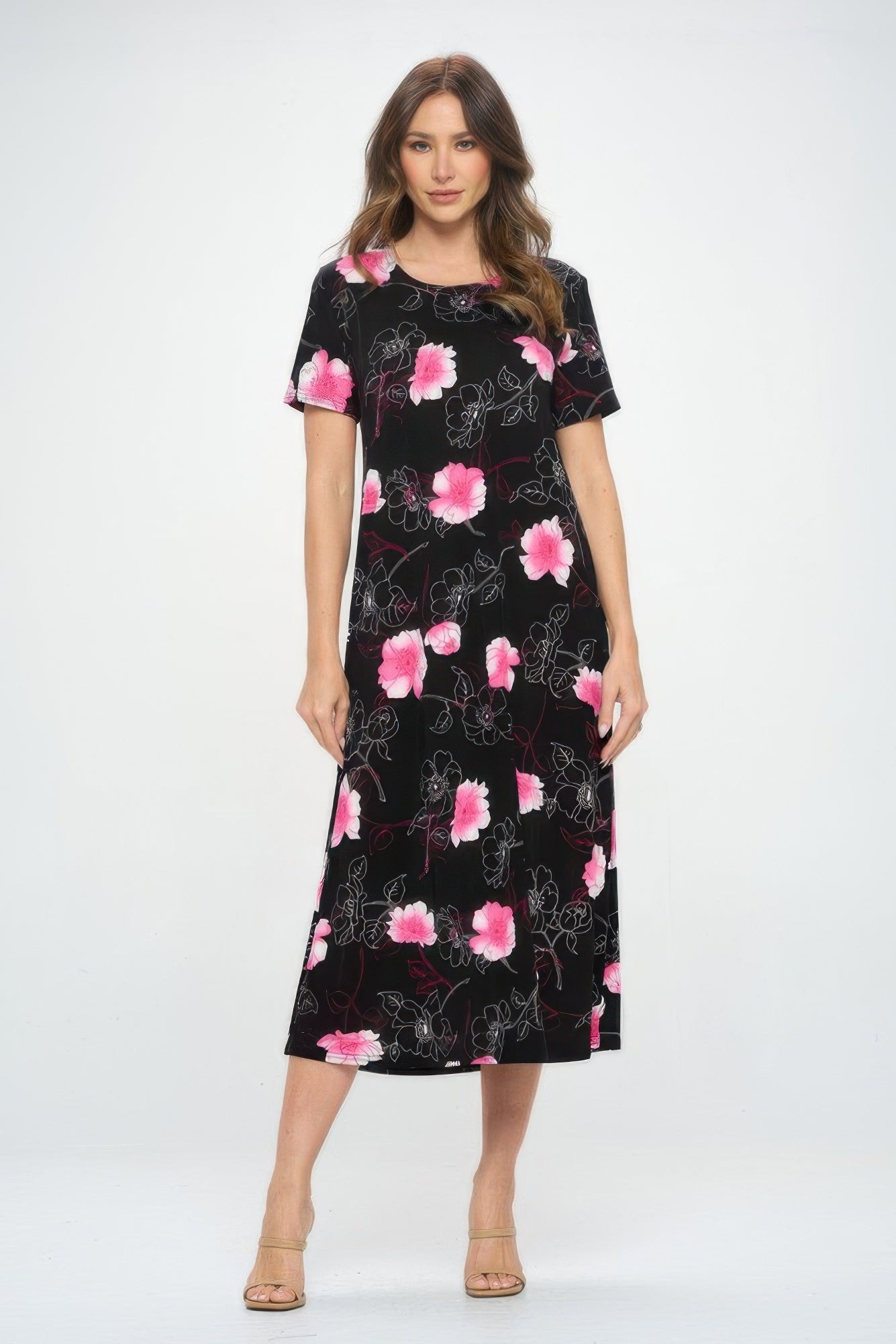 Bns Print Long Dress With Short Sleeve