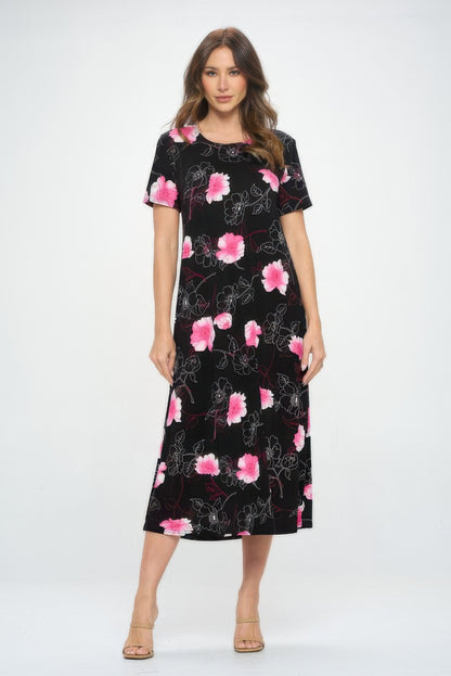 Bns Print Long Dress With Short Sleeve