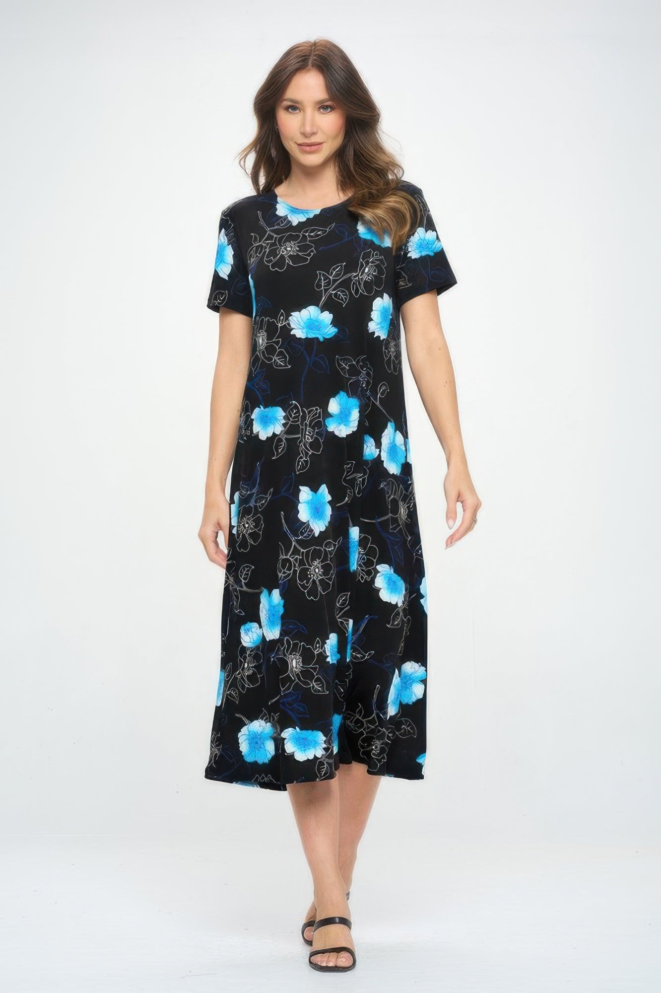 Bns Print Long Dress With Short Sleeve