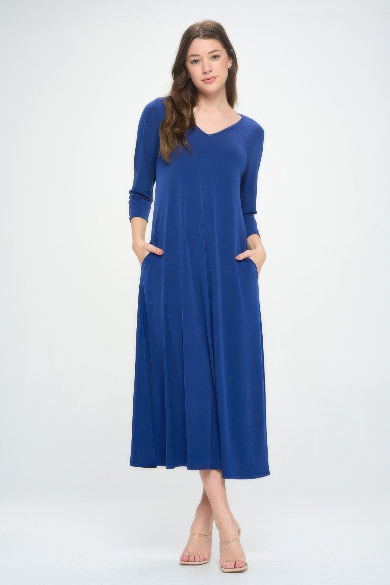 Hit V-neck Long Dress W/pocket