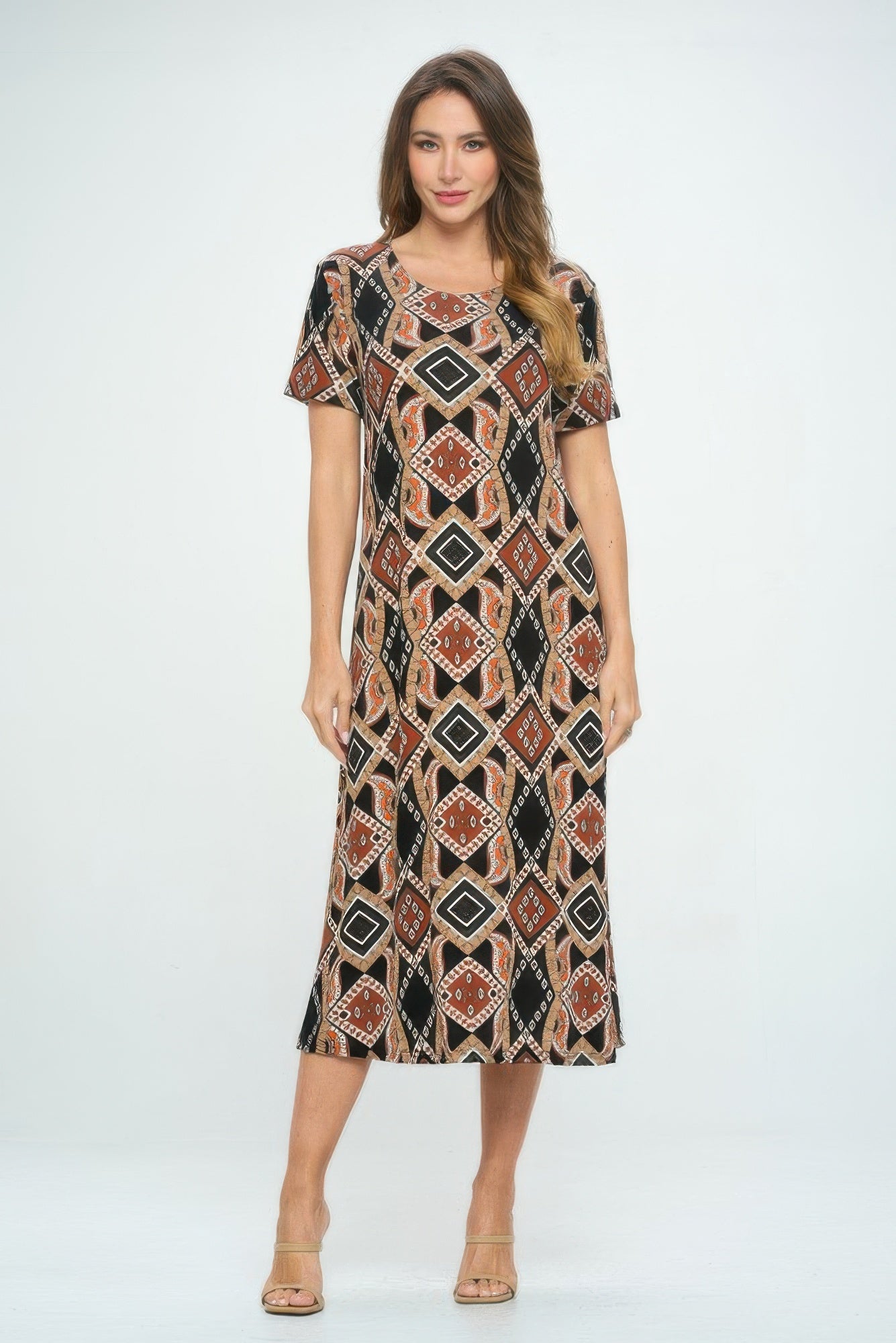 Bns Print Long Dress With Short Sleeve