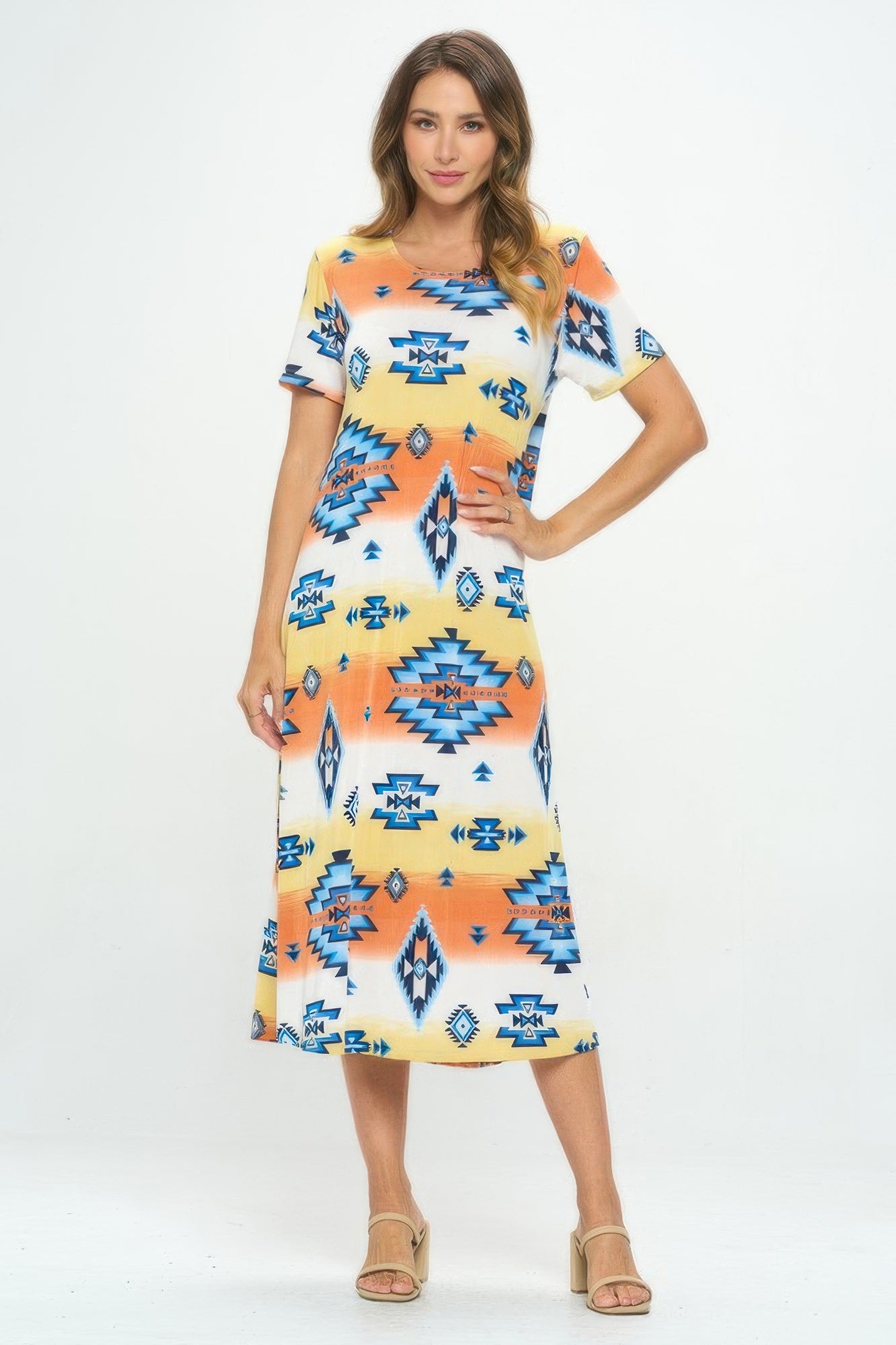 Bns Print Long Dress With Short Sleeve