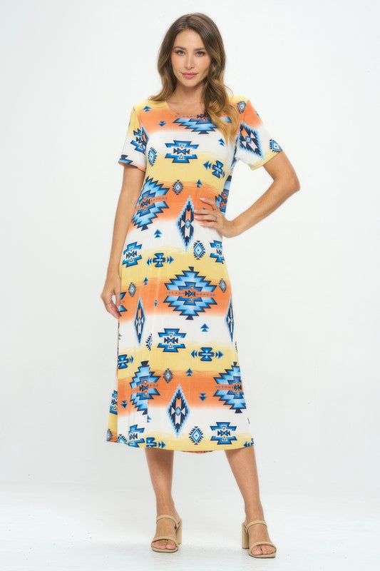 Bns Print Long Dress With Short Sleeve