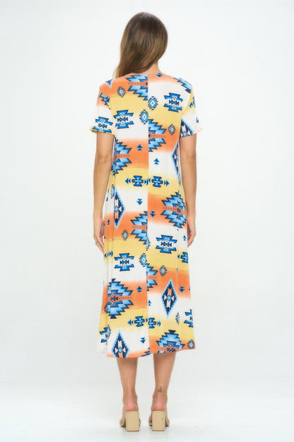 Bns Print Long Dress With Short Sleeve