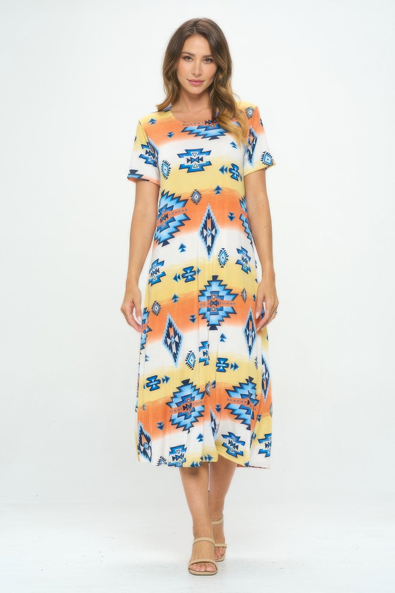 Bns Print Long Dress With Short Sleeve