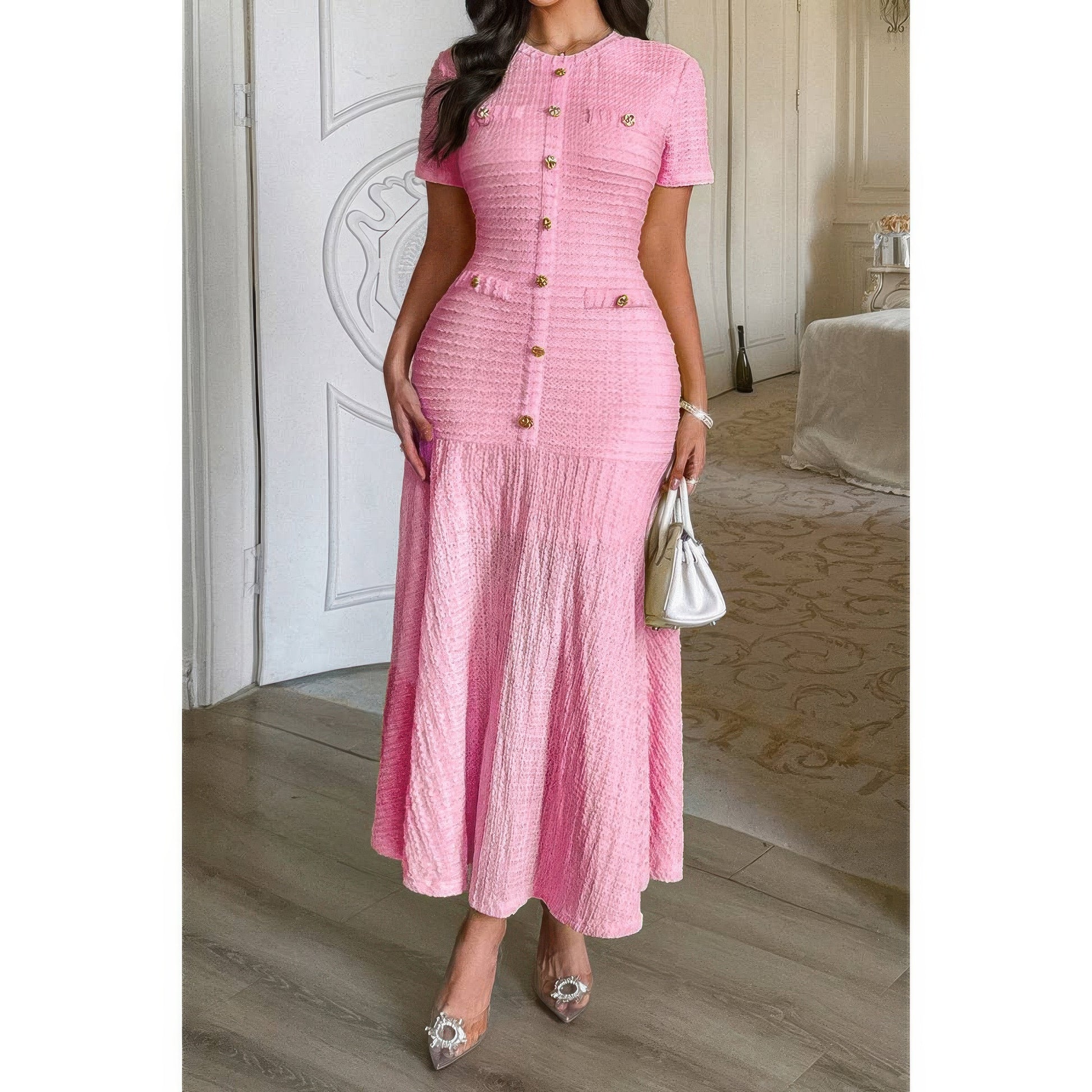 Solid Round Neck Button Elegant Sheath Dress