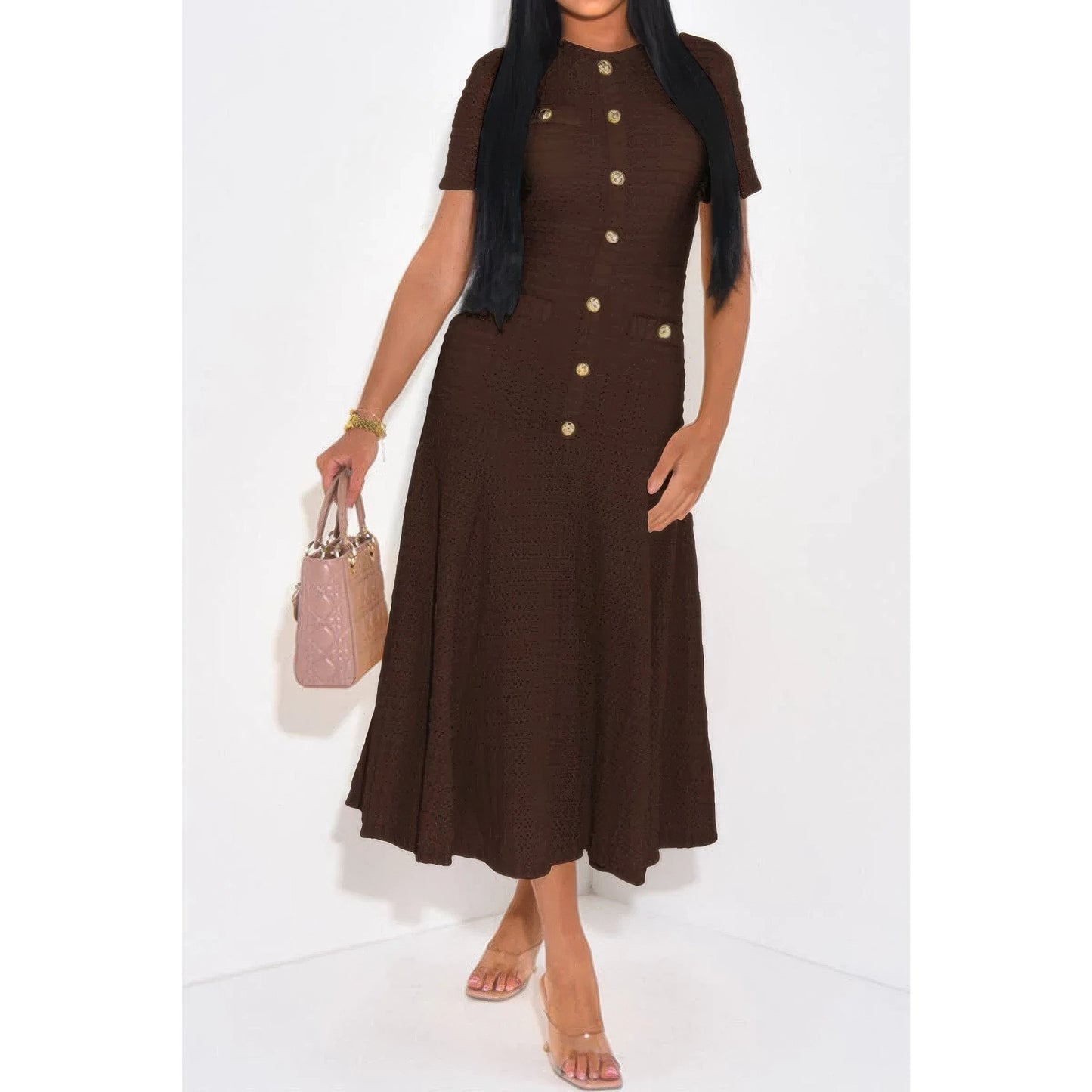Solid Round Neck Button Elegant Sheath Dress