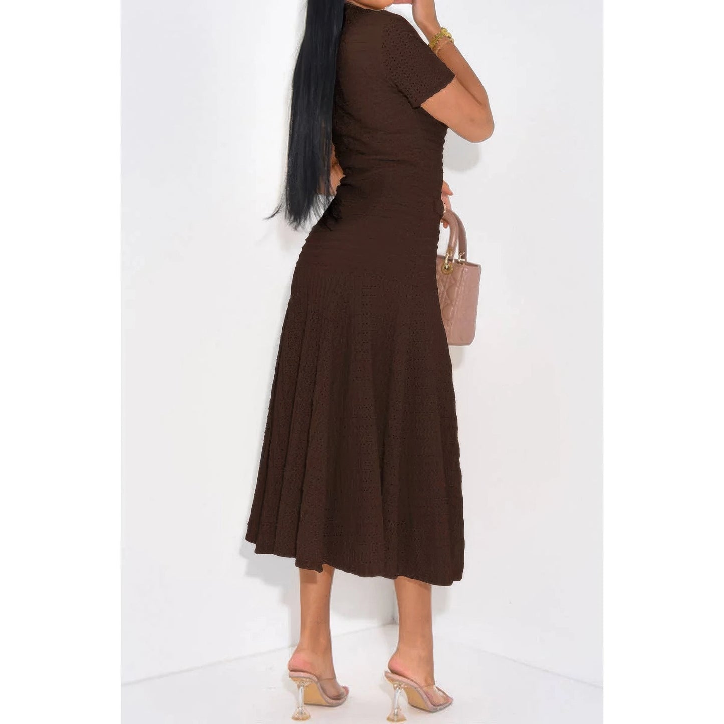 Solid Round Neck Button Elegant Sheath Dress