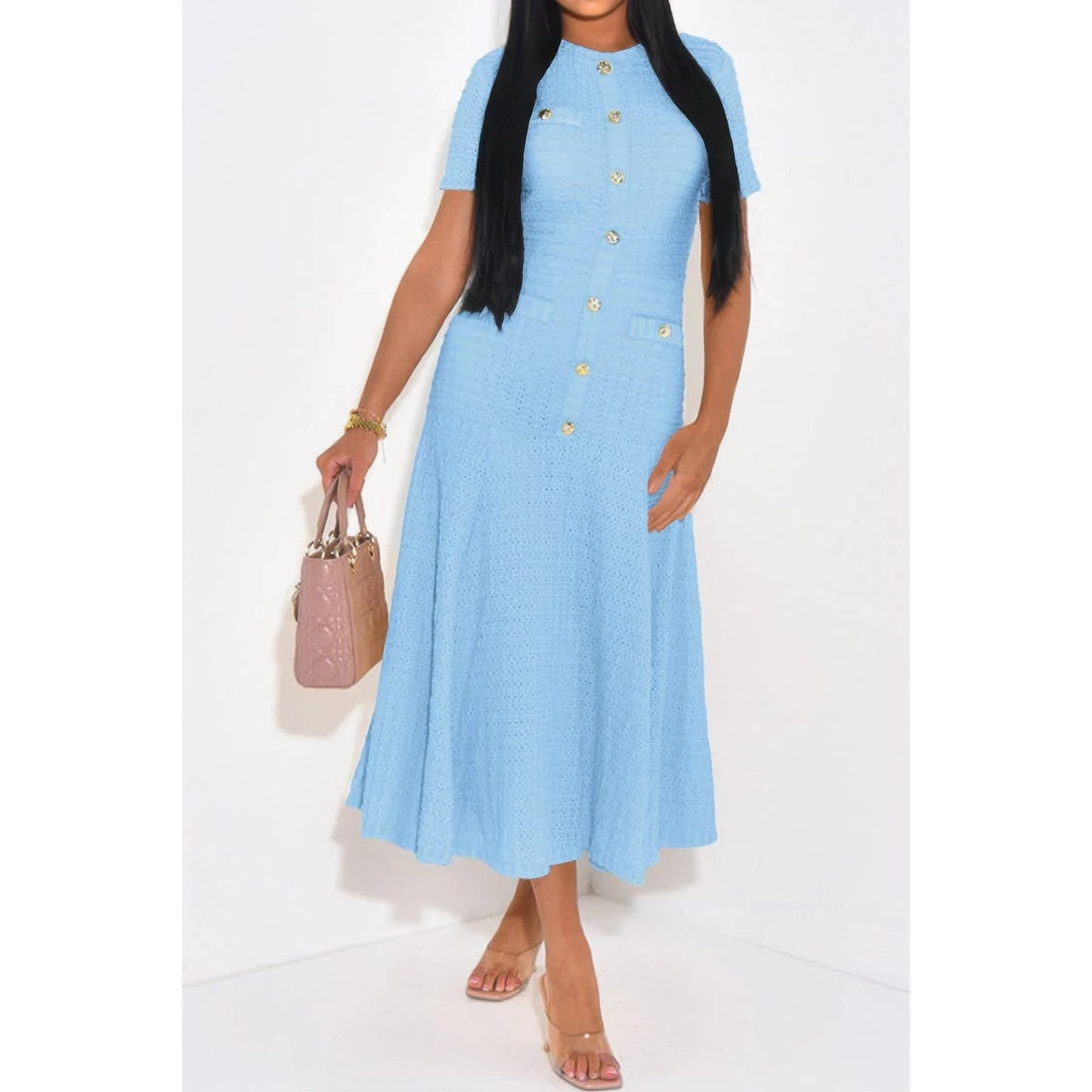 Solid Round Neck Button Elegant Sheath Dress