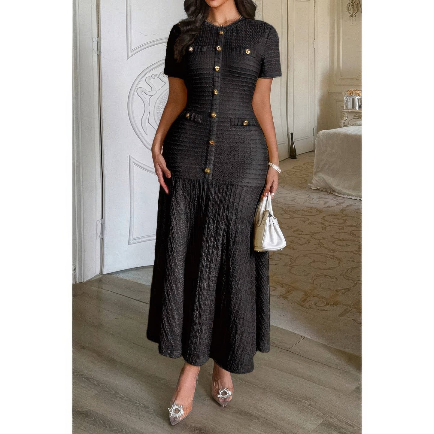 Solid Round Neck Button Elegant Sheath Dress