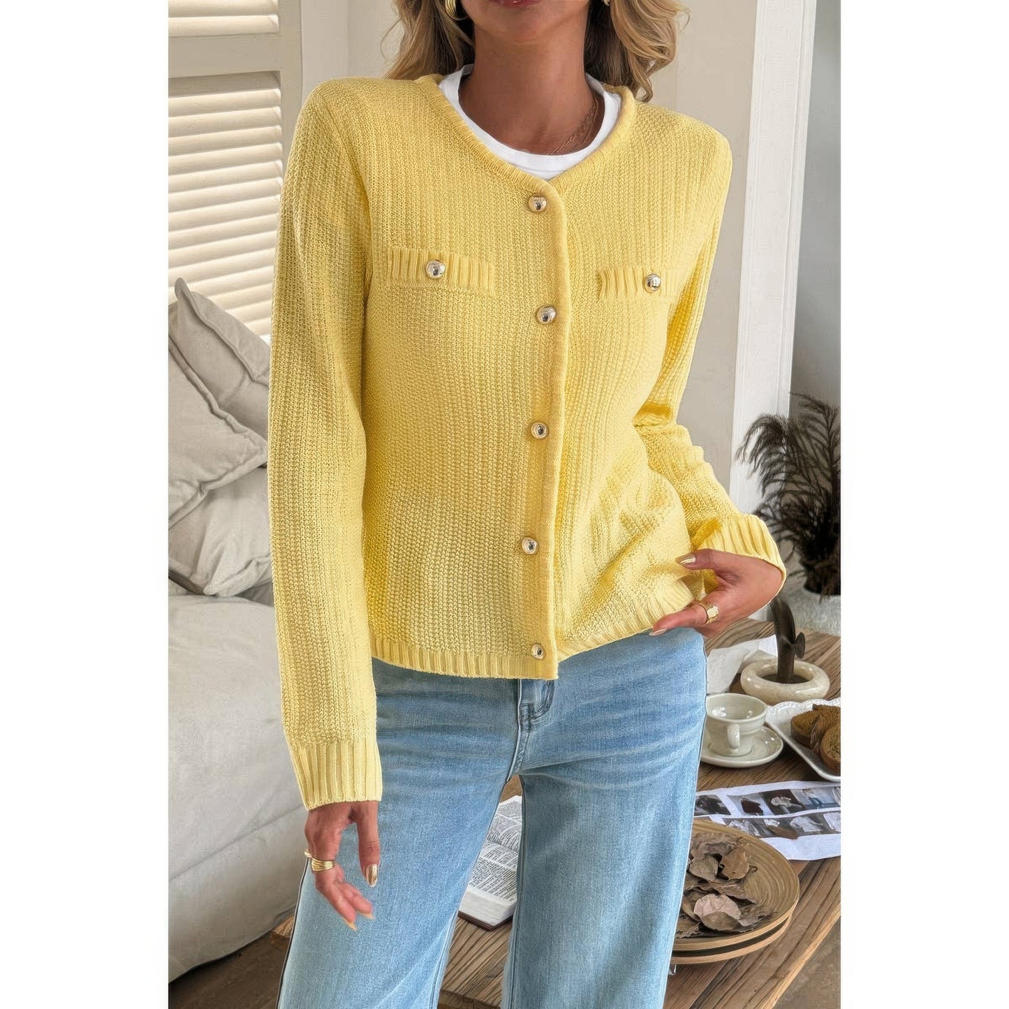 V Neck Cropped Long Sleeve Texture Knit Sweater