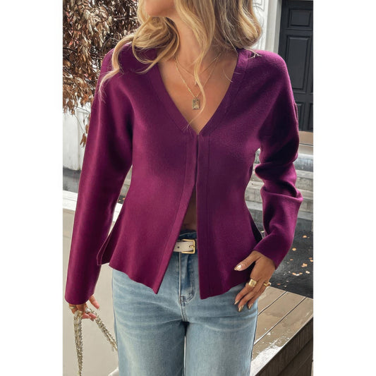 Solid V Neck Raglan Sleeve Burgundy Knit Shirt