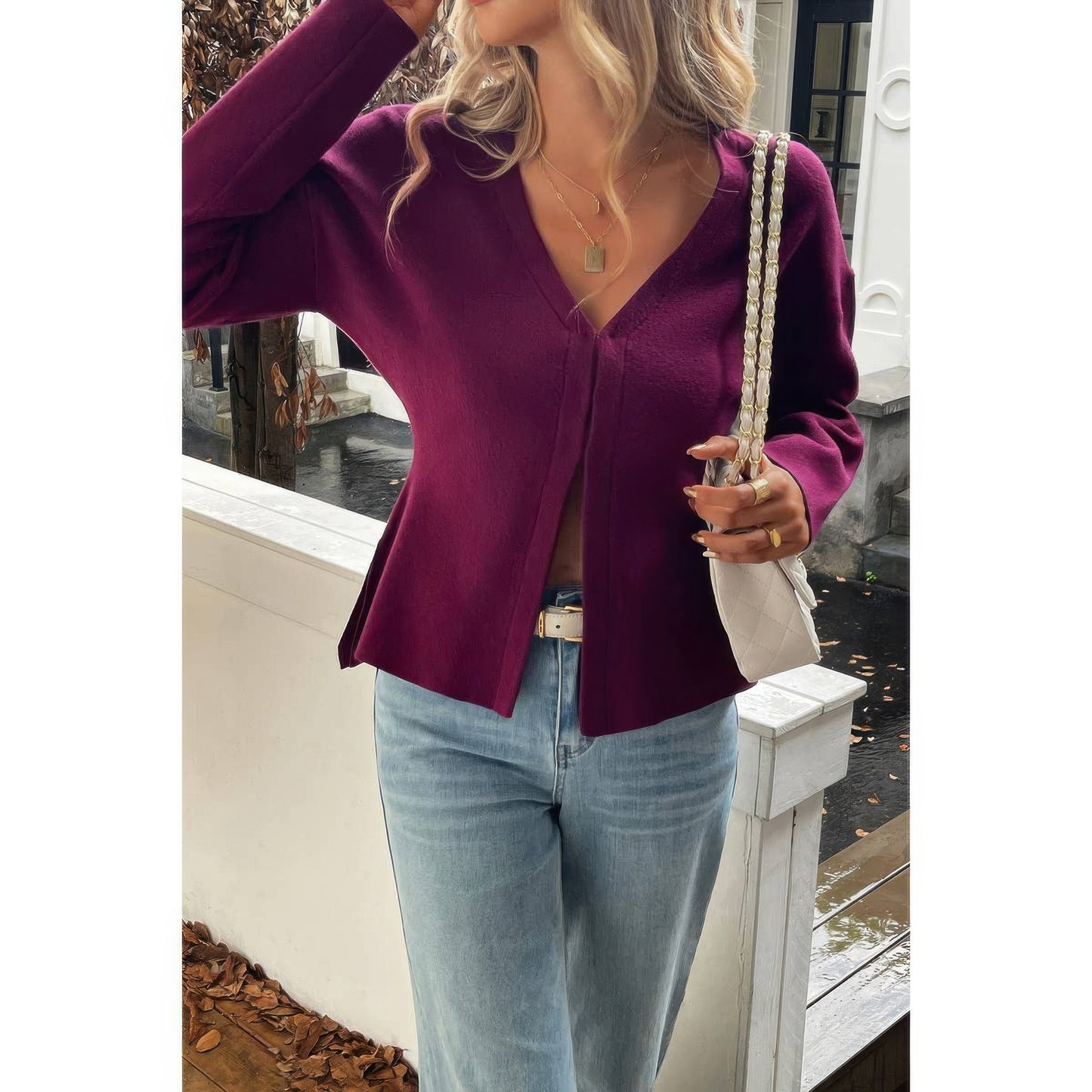 Solid V Neck Raglan Sleeve Burgundy Knit Shirt