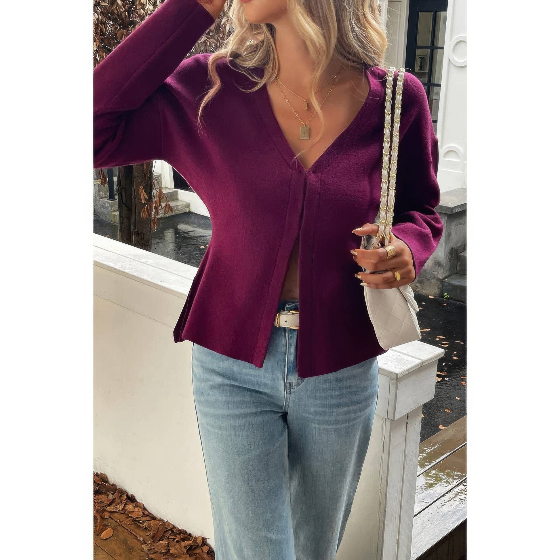 Solid V Neck Raglan Sleeve Burgundy Knit Shirt