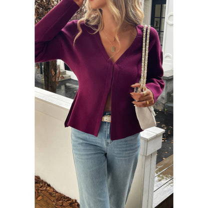 Solid V Neck Raglan Sleeve Burgundy Knit Shirt
