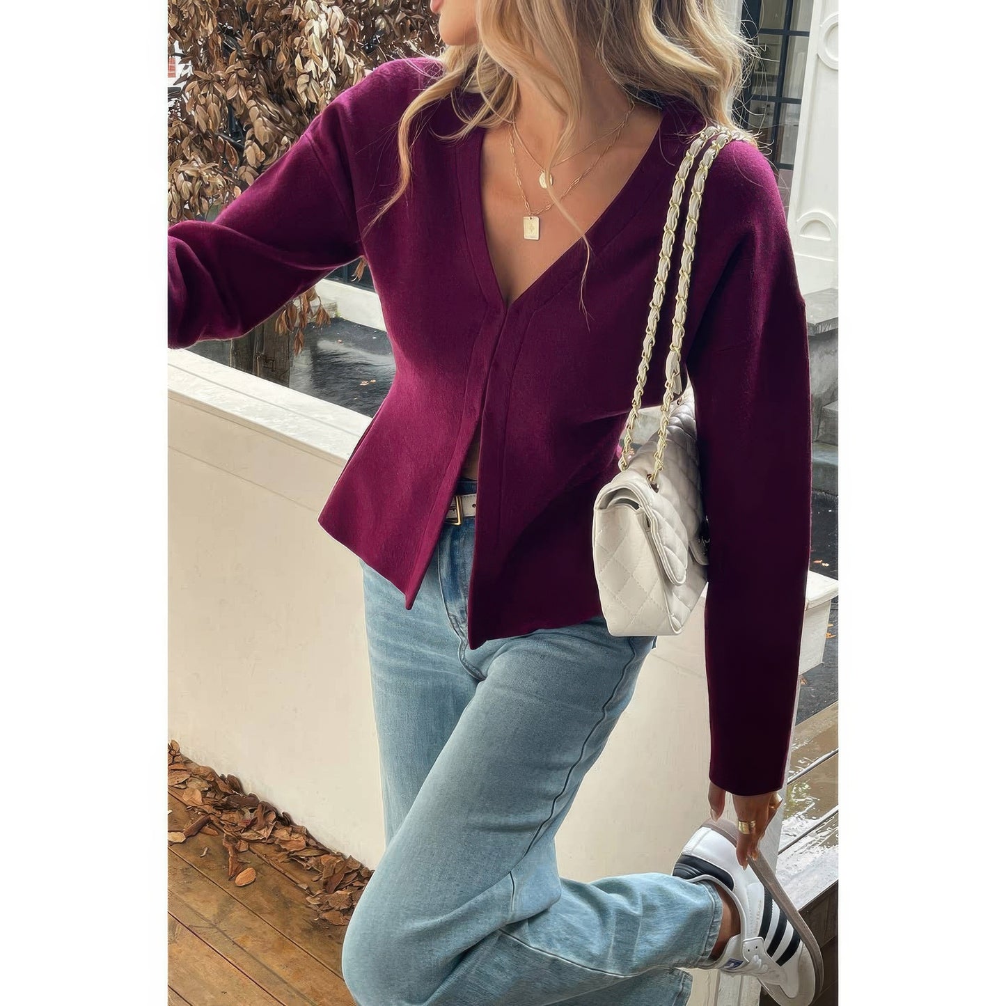 Solid V Neck Raglan Sleeve Burgundy Knit Shirt