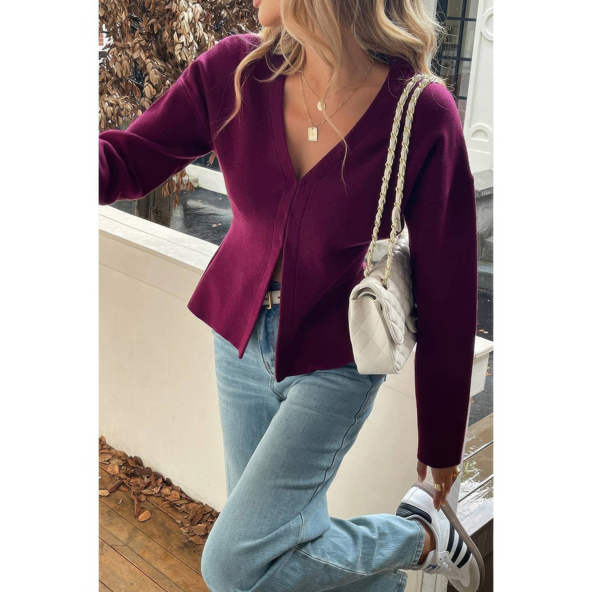 Solid V Neck Raglan Sleeve Burgundy Knit Shirt