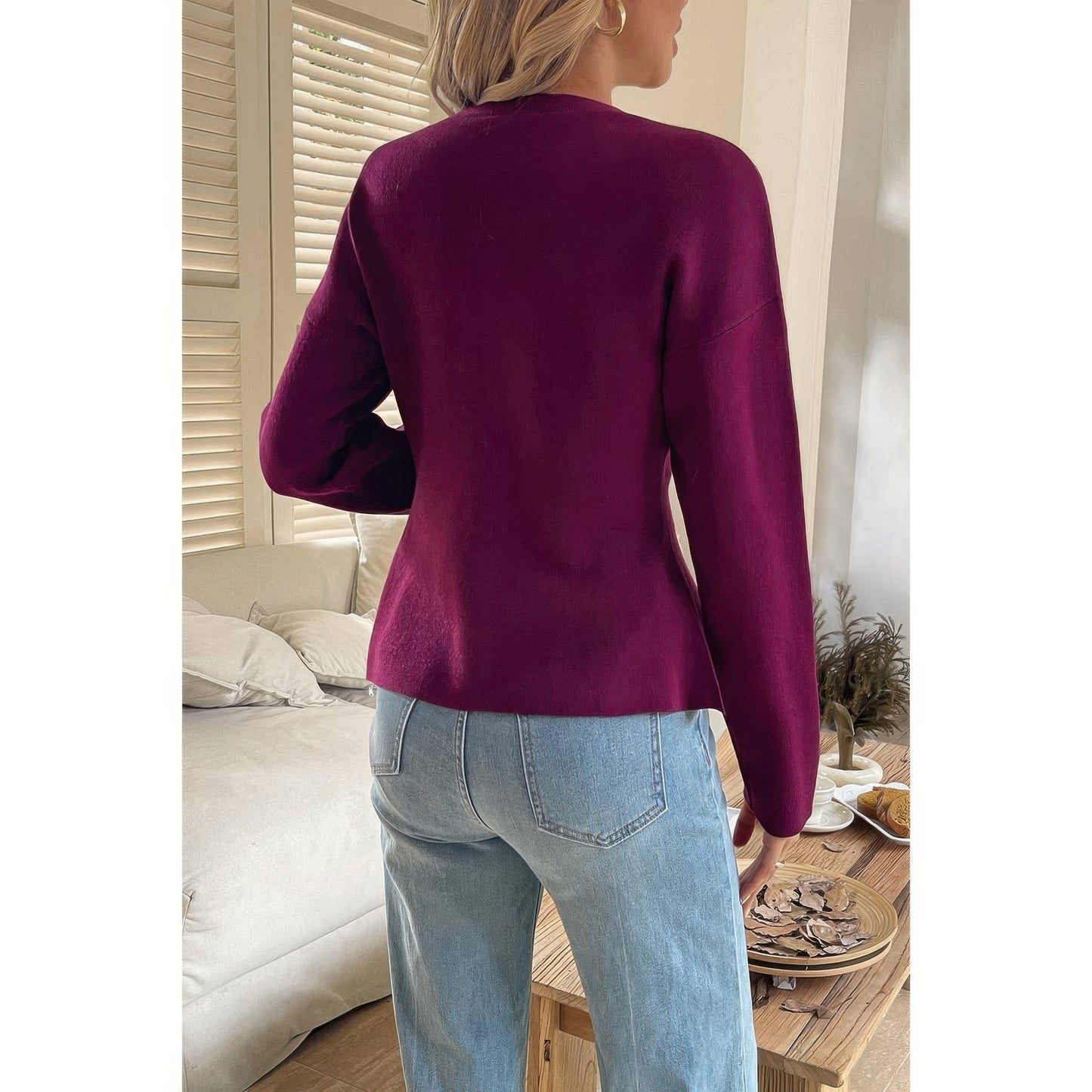 Solid V Neck Raglan Sleeve Burgundy Knit Shirt