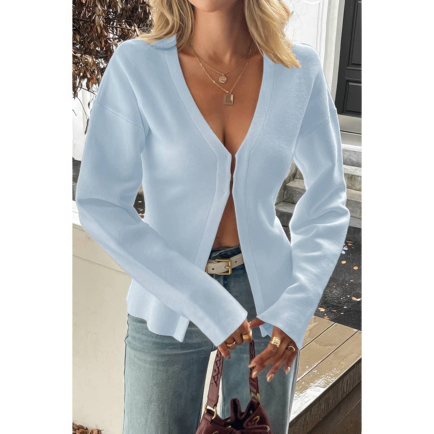 Solid V Neck Raglan Sleeve Burgundy Knit Shirt