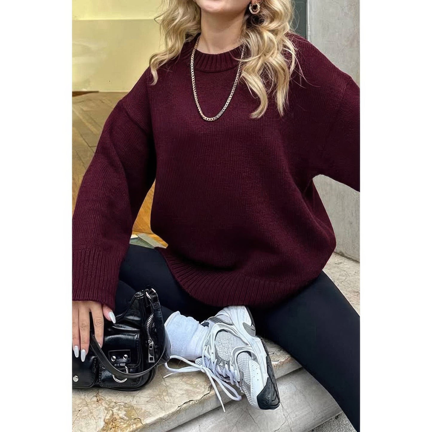 Round Neck Long Sleeve Knitted Loose Sweater
