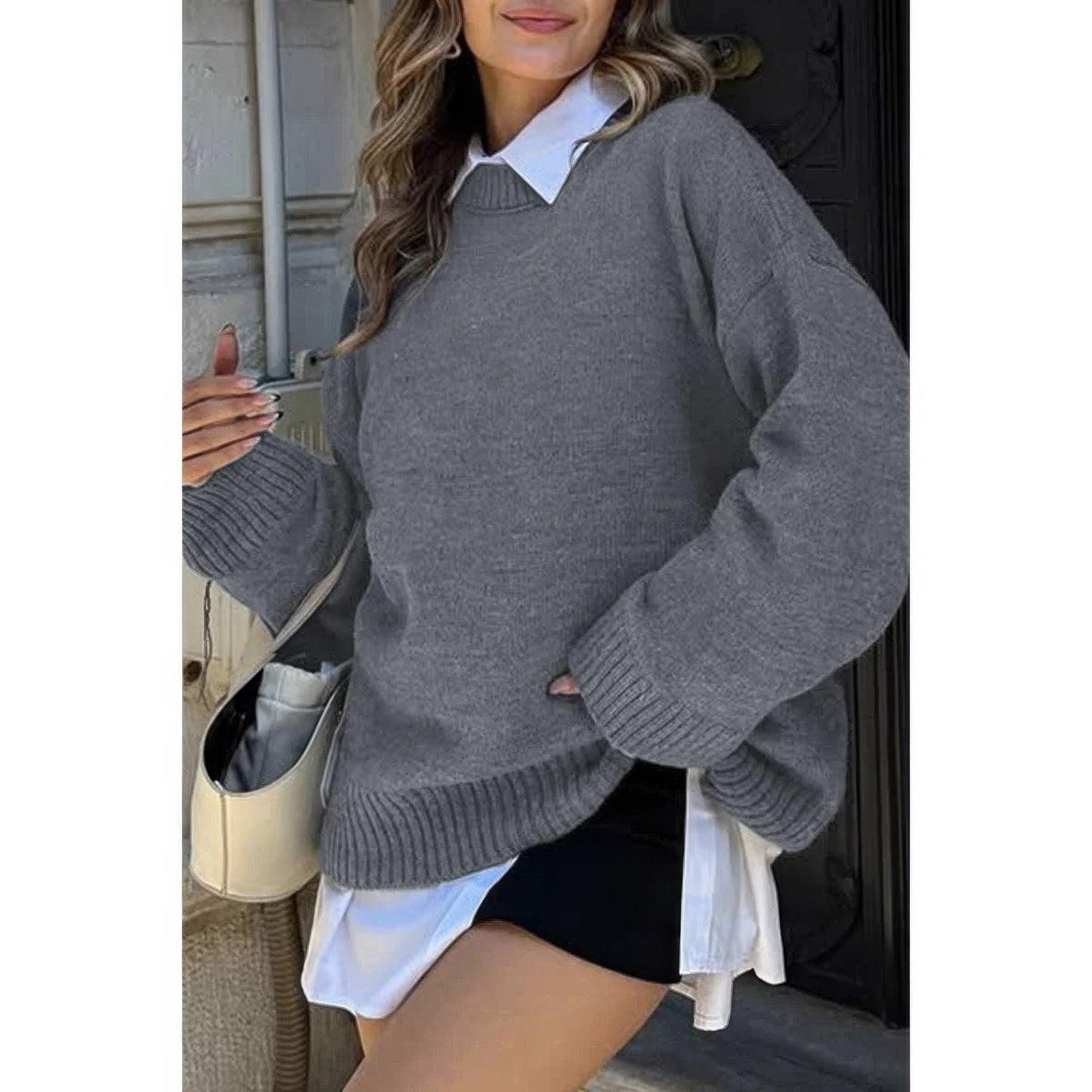 Round Neck Long Sleeve Knitted Loose Sweater