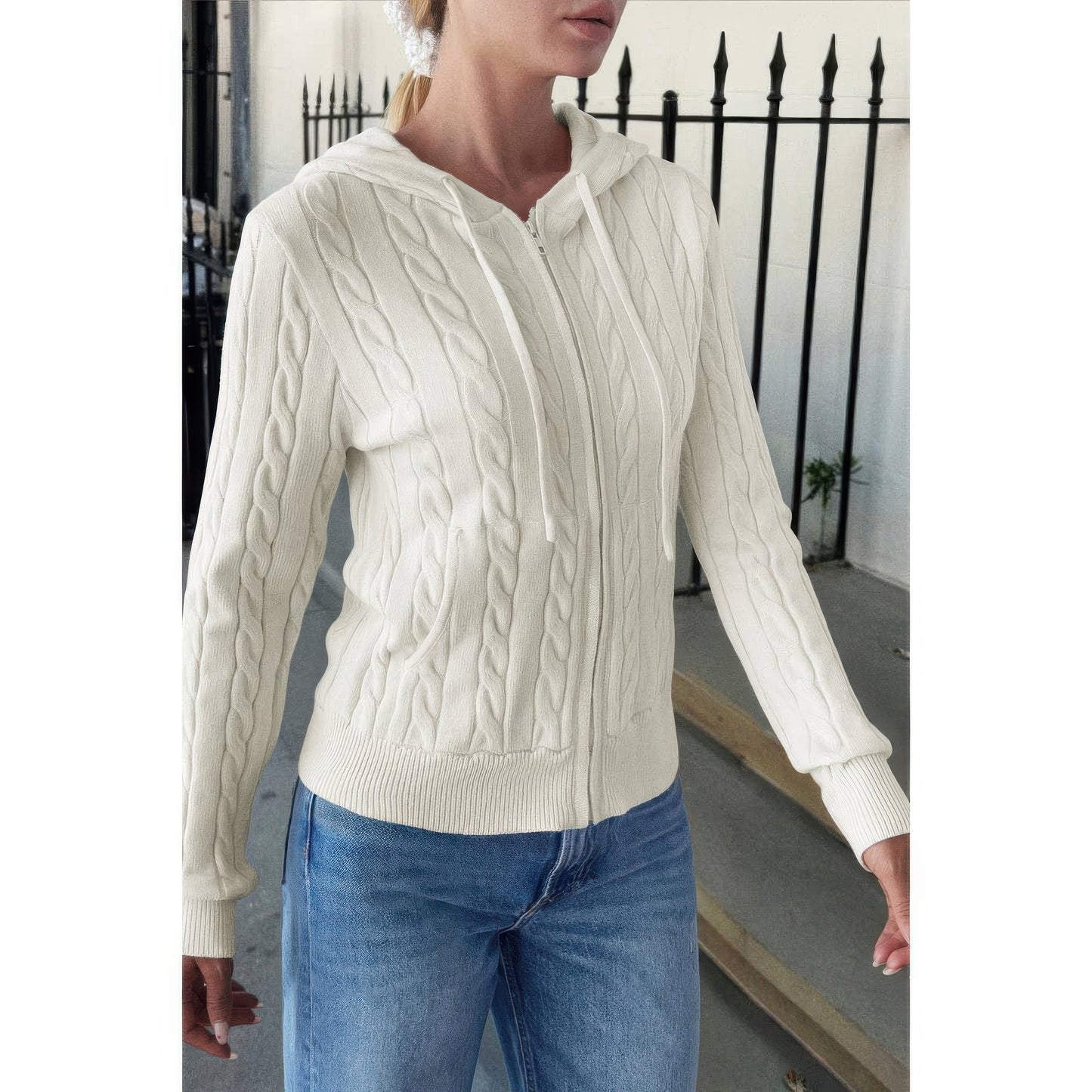 Solid Pocket Cable Knit Hooded Jacket
