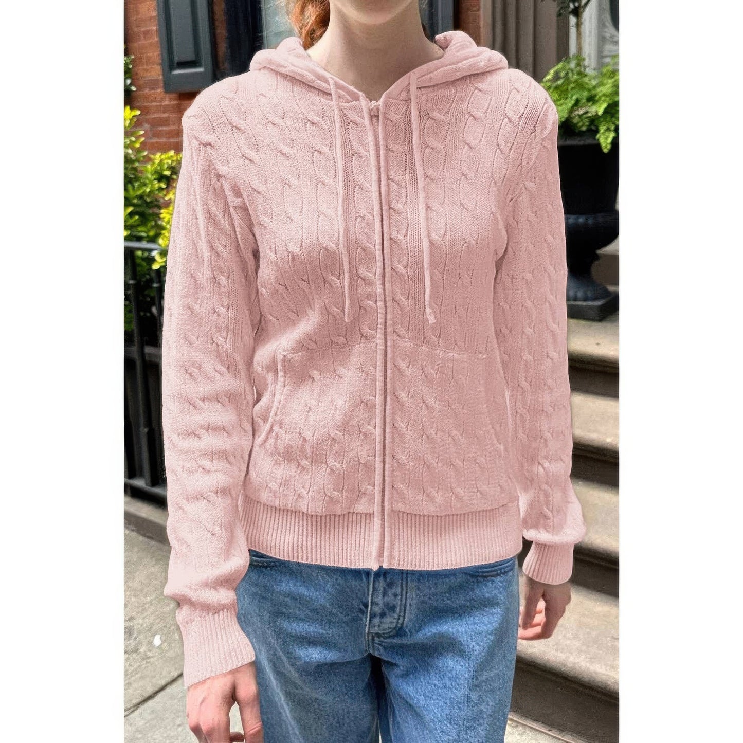 Solid Pocket Cable Knit Hooded Jacket