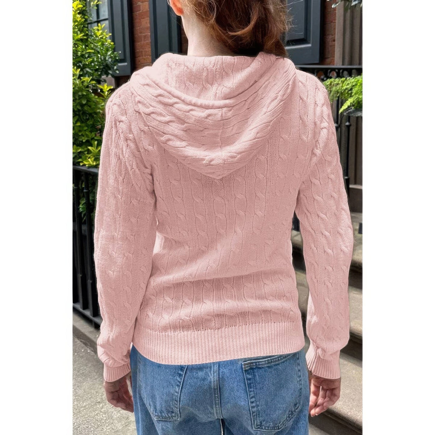 Solid Pocket Cable Knit Hooded Jacket