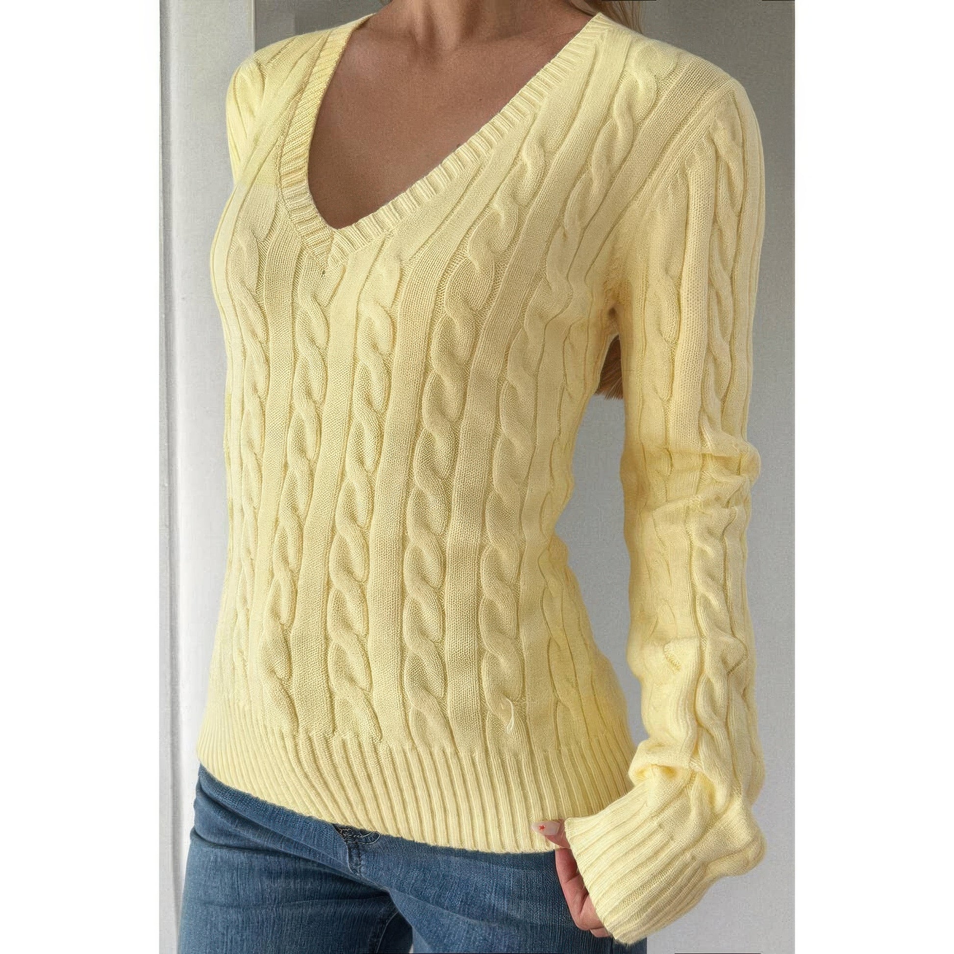 Cable Knit V Neck Long Sleeves Fit Sweater