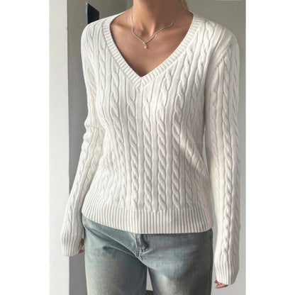 Cable Knit V Neck Long Sleeves Fit Sweater