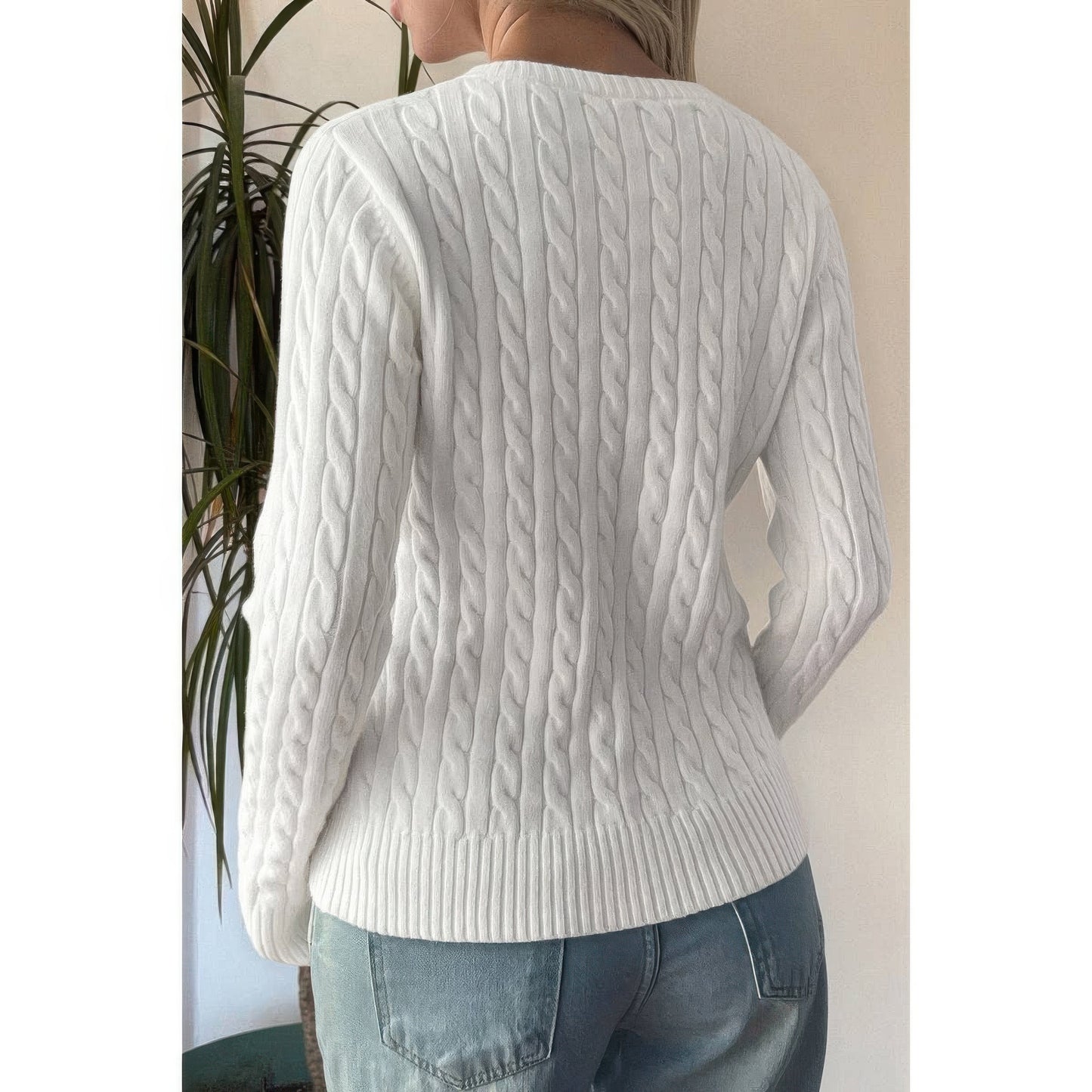 Cable Knit V Neck Long Sleeves Fit Sweater