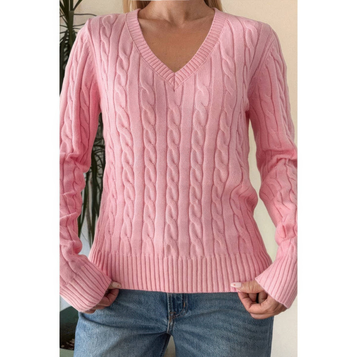 Cable Knit V Neck Long Sleeves Fit Sweater
