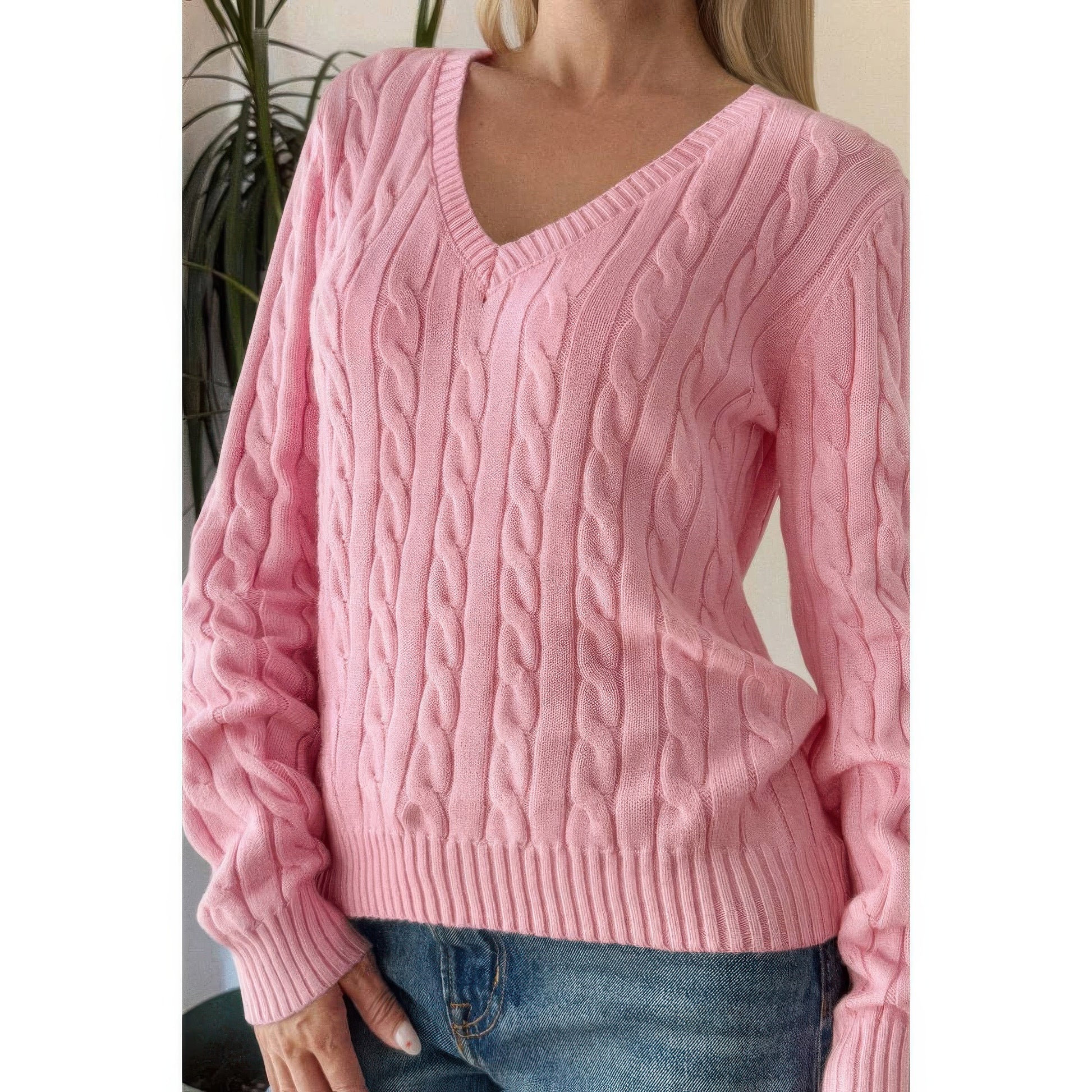 Cable Knit V Neck Long Sleeves Fit Sweater