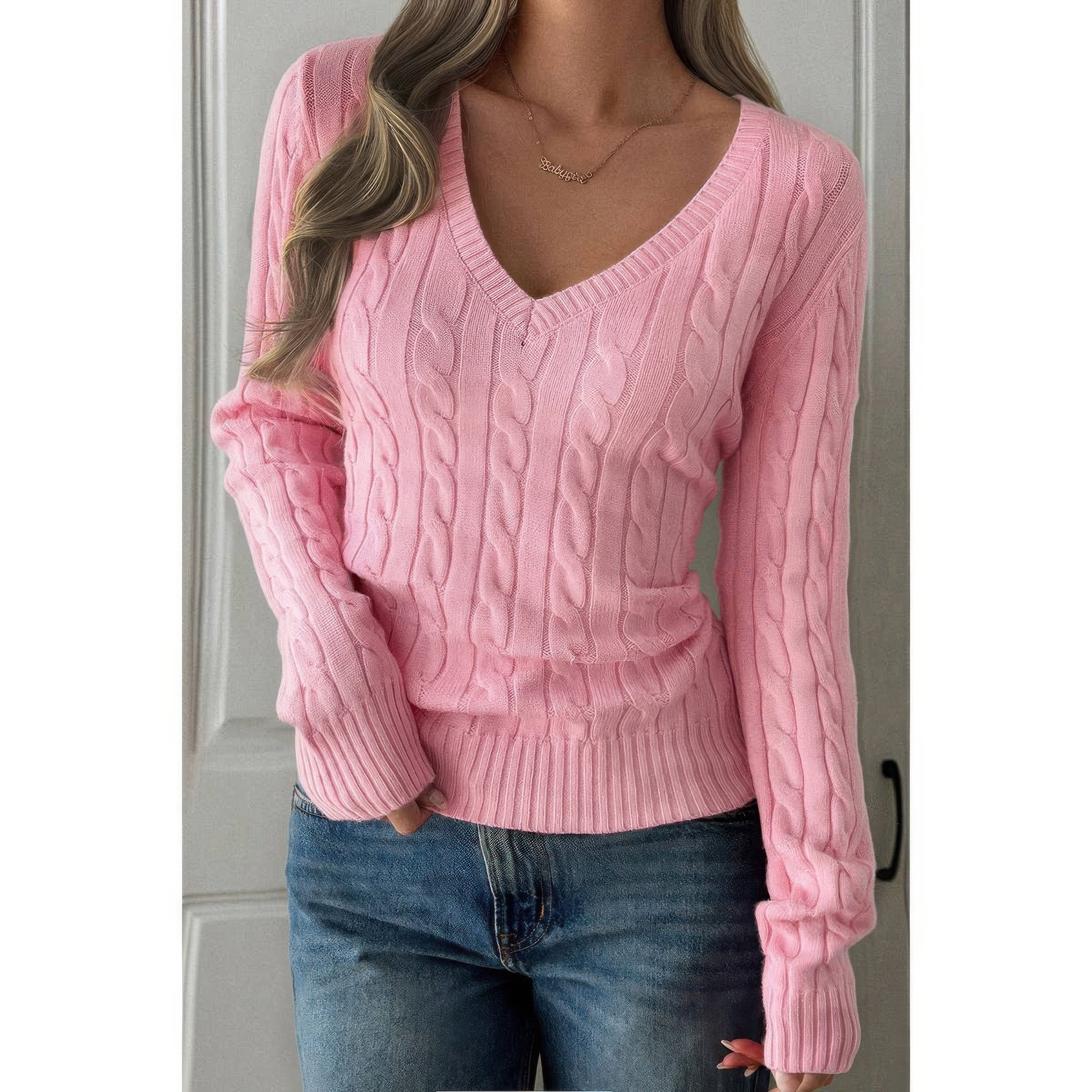 Cable Knit V Neck Long Sleeves Fit Sweater