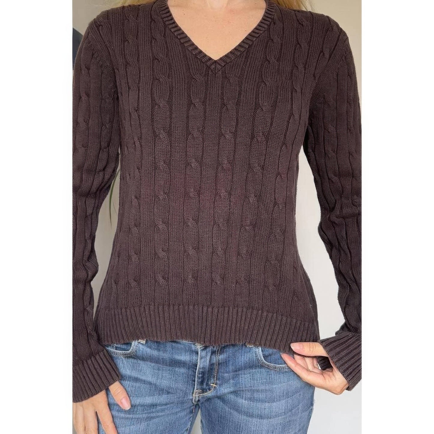 Cable Knit V Neck Long Sleeves Fit Sweater
