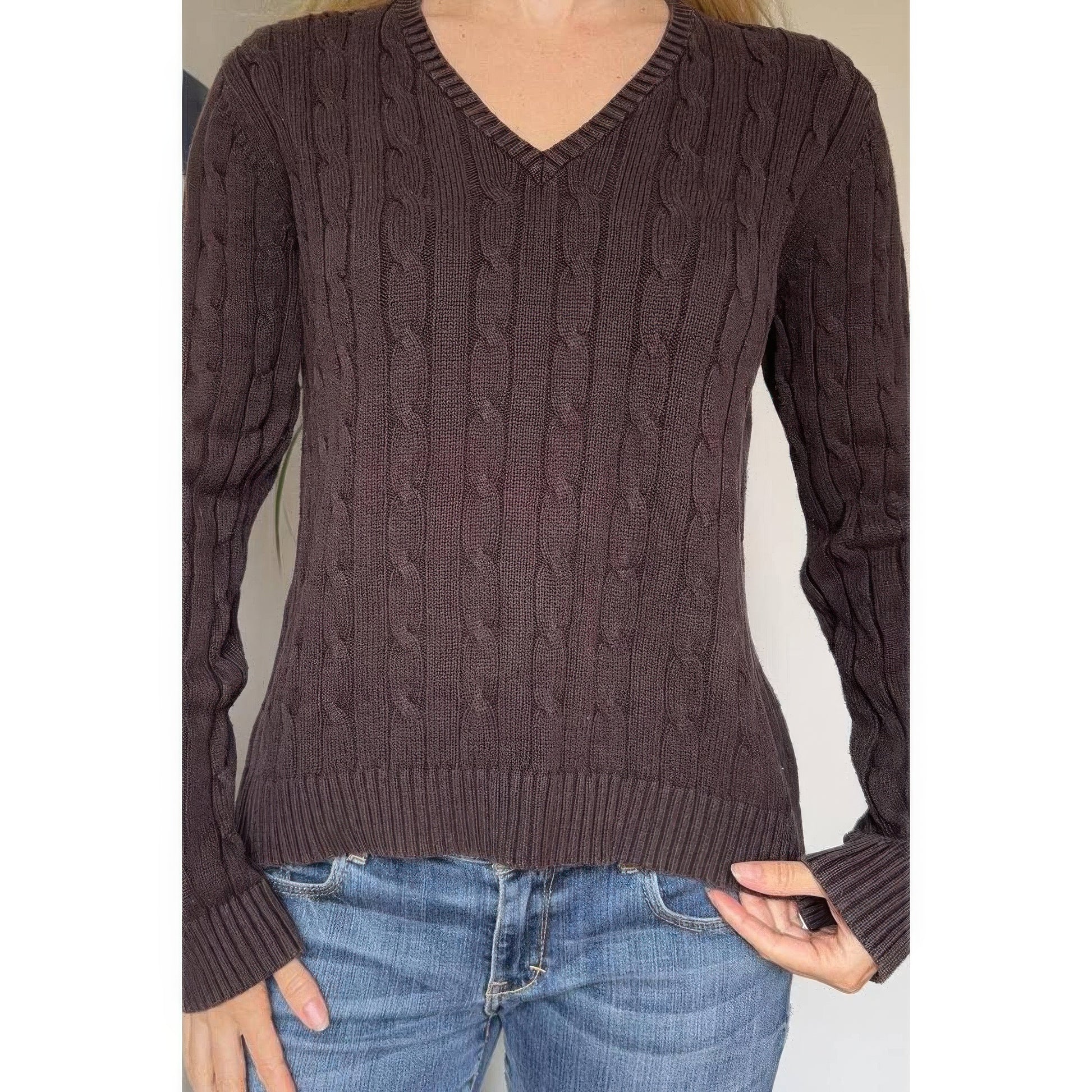Cable Knit V Neck Long Sleeves Fit Sweater