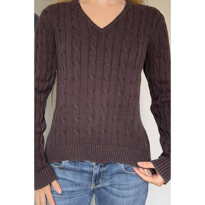 Cable Knit V Neck Long Sleeves Fit Sweater