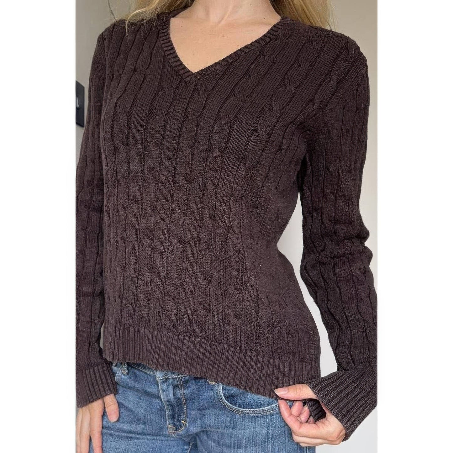Cable Knit V Neck Long Sleeves Fit Sweater