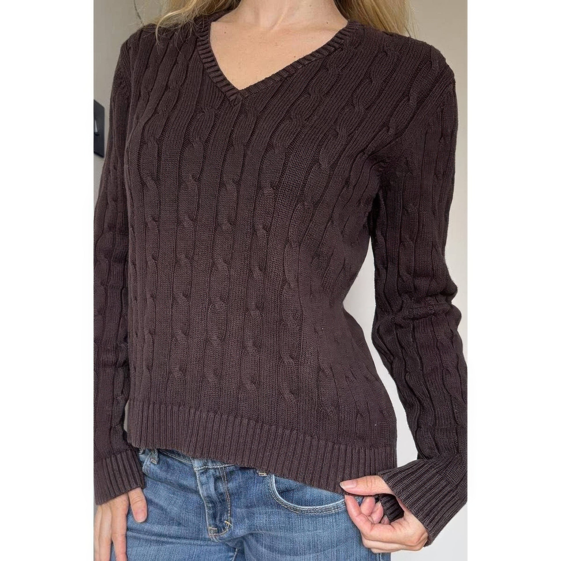 Cable Knit V Neck Long Sleeves Fit Sweater