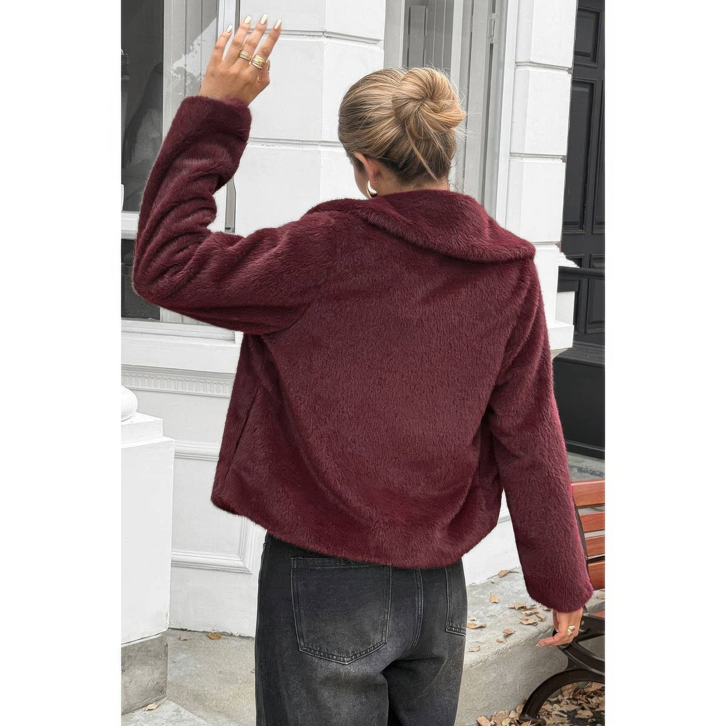 Solid Button Faux Fur Crop Jacket